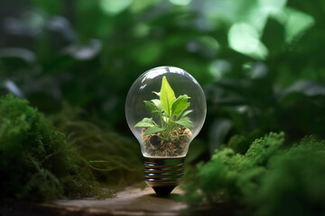 Light bulb on green grass and sunlight in nature. concept of energy saving Generative AI