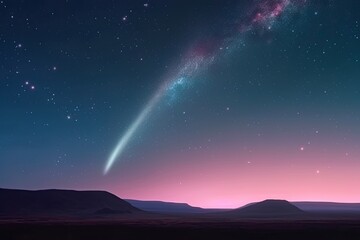shooting star passing over a mountainous landscape at night Generative AI