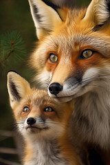 Mother Red Fox and Her Cub ,close up . AI generated Illustration.