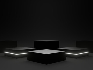 3D black geometric podium with white neon lights. . Sci-Fi mock up.