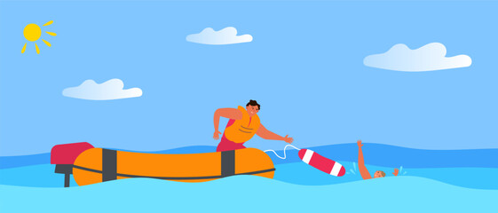 rescue on water lifeduard helping give lifebuoy to  drowning man vector illustration  - 605866768