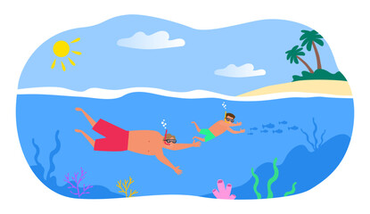 father ana son swimming  underwater snorkeling with diving mask summer tropical vacation vector illustration