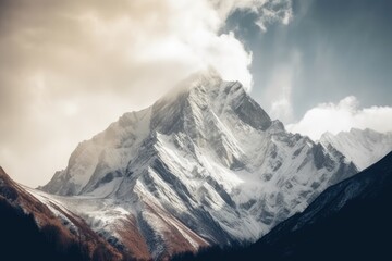 majestic snow-capped mountain peak under a cloudy sky Generative AI