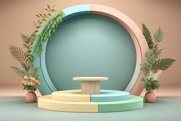 Blank round podium with pastel background for Spa product or aromatherapy visualization. Generative ai illustration