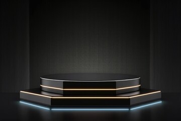 Obraz premium Blank podium with led lights for product visualization. Generative ai illustration