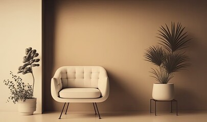 Comfortable arm chair with blank wall. Generative ai illustration