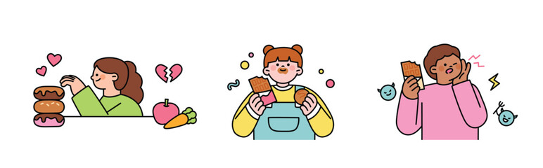 World Chocolate Day. Sweet chocolate and people. A child who eats chocolate instead of vegetables and has a sore tooth.