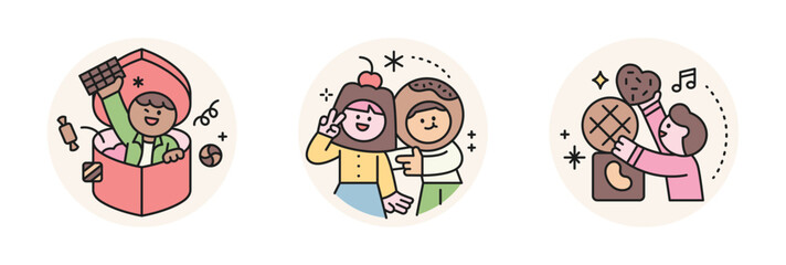 Fototapeta premium World Chocolate Day. Cute characters and sweet chocolate. gift box, couple photo, cookies