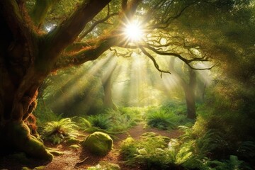 sunrays filtering through the dense foliage of a forest Generative AI