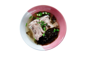 Top view of Boiled Pork Bone Soup with Seaweed, focus selective