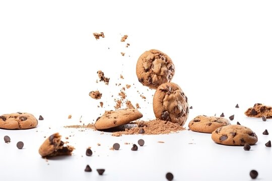 Tasty Chocolate Chip Cookies Falling Isolated On White Background, Generate Ai