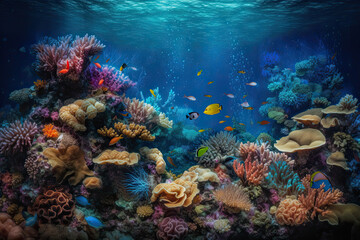 Naklejka na ściany i meble Beautiful ocean marine background image, coral reef, aquatic travel, scuba diving, snorkeling, colorful tropical fish, education, mermaid