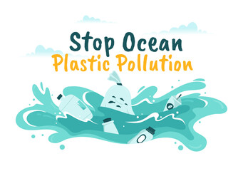 Stop Ocean Plastic Pollution Vector Illustration with Trash Under the Sea like a Waste Bag, Garbage and Bottle in Flat Cartoon Hand Drawn Templates