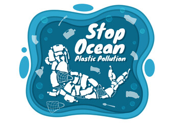 Stop Ocean Plastic Pollution Vector Illustration with Trash Under the Sea like a Waste Bag, Garbage and Bottle in Flat Cartoon Hand Drawn Templates
