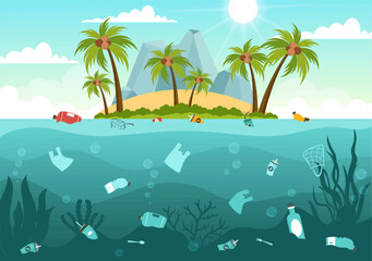 Fototapeta na wymiar Stop Ocean Plastic Pollution Vector Illustration with Trash Under the Sea like a Waste Bag, Garbage and Bottle in Flat Cartoon Hand Drawn Templates
