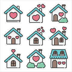 Set of house with heart line art vector