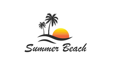 summer vacation on tropical beach Sunset label, with Palm trees ,vector illustration