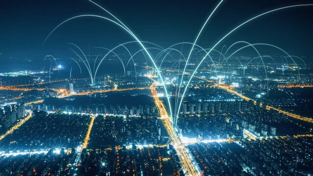 smart Connected city skyline. Futuristic network concept, city Technology..