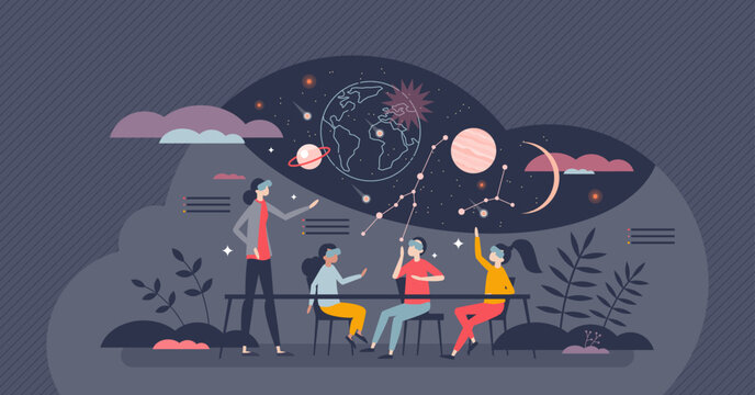 VR in education as virtual reality experience in school tiny person concept. Learning from modern simulations and technical augmented goggles vector illustration. Innovations for visual AI courses.