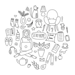 Obraz premium Cute vector hand drawn doodle set about coronavirus, Covid-19, Stay Home, work in home. Pandemic protection. Quarantine positive doodle icons, home elements. Isolated on white background.