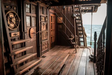 Deurstickers Schipbreuk Deck of a pirate ship with a door to the captain's quarters and stairs leading to the galley
