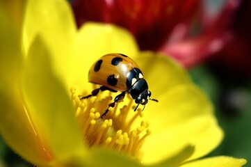Obraz premium Mariquita en una flor amarilla