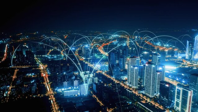 smart Connected city skyline. Futuristic network concept, city Technology..