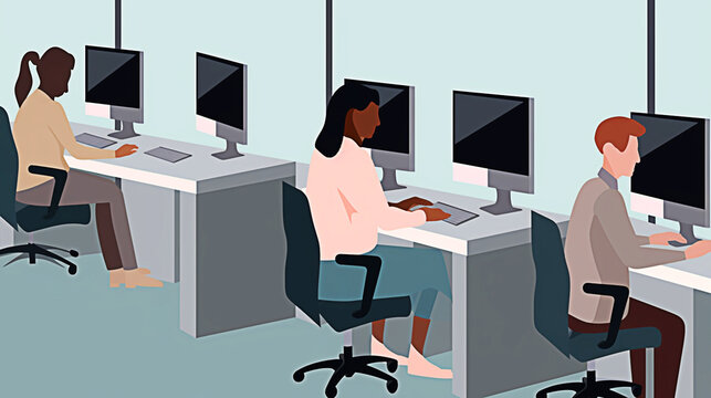 People working on computers in the office. Watercolor illustration in flat style. Generative AI