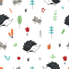 Seamless pattern with cute animals in the forest. Mouse and hedgehog.Hand drawn vector illustration.
