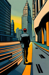 A red-haired man wearing a suit was walking under a high-rise building. Comic style Generative AI