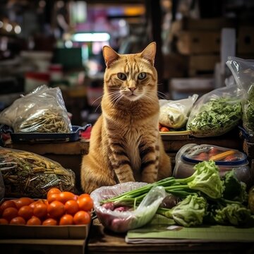 cat standing in the middle of vegetables in the market created with Generative AI technology