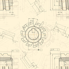 Mechanical engineering drawings on light background. Cutting tools, milling cutter. Technical Design. Cover. Blueprint. Seamless pattern. Vector illustration.
