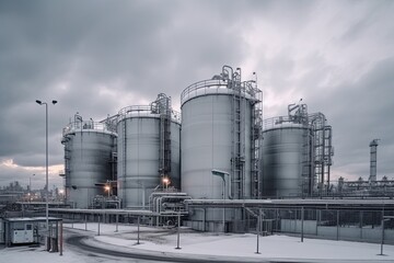 Fototapeta premium modern petrochemical plant with reactors and converters under heavy sky with copyspace 