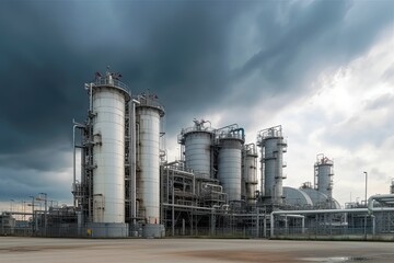 Obraz premium modern petrochemical plant with reactors and converters under heavy sky with copyspace 