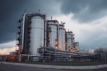 Obraz premium modern petrochemical plant with reactors and converters under heavy sky with copyspace