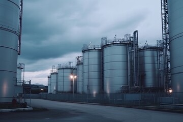 Obraz premium modern petrochemical plant with reactors and converters under heavy sky with copyspace