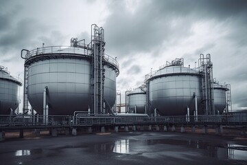 Obraz premium modern petrochemical plant with reactors and converters under heavy sky with copyspace