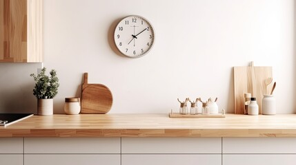Interior of modern kitchen with white walls, wooden countertops, round wooden bowls with dried flowers and clocks. 3d rendering	