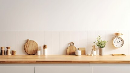 Interior of modern kitchen with white walls, wooden countertops, round wooden bowls with dried flowers and clocks. 3d rendering	