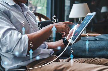 Fototapeta premium finance, financial, investment, stock, growth, wealth, invest, investor, trade, increase. hold tablet to check mine finance investment. investor and stock growth up increase. looking wealth benefit.