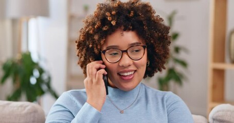 Relax, talking and woman on a phone call on the sofa, communication and answering a mobile. Smile, thinking and a young girl speaking on a cellphone for conversation, connection and happiness at home - Powered by Adobe