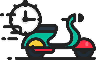 Shipping fast delivery, motorcycle with clock filled outline icons. Vector illustration. Isolated icon suitable for web, infographics, interface and apps.