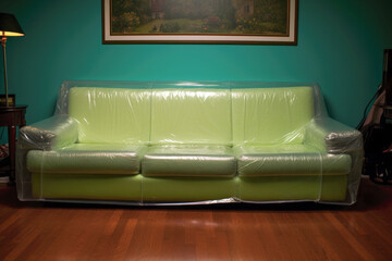 Green couch from the 1970s encased in Plastic vinyl covering for protection, Generative AI
