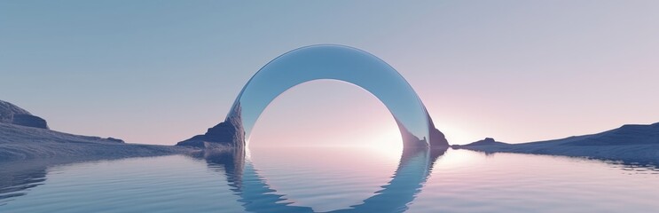3d rendering, abstract panoramic background, northern seascape, fantastic scenery with calm water, flat geometric mirror arches and plain gradient sky. Aesthetic landscape, Generative AI