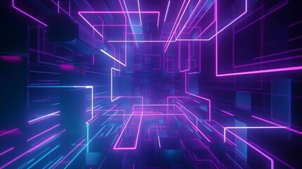 Fototapeta premium 3d render, abstract geometric background with shapes and neon lines glowing in ultraviolet light, Generative AI