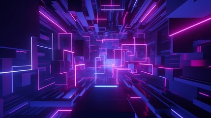 3d render, abstract geometric background with shapes and neon lines glowing in ultraviolet light, Generative AI