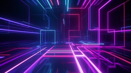 3d render, abstract geometric background with shapes and neon lines glowing in ultraviolet light, Generative AI