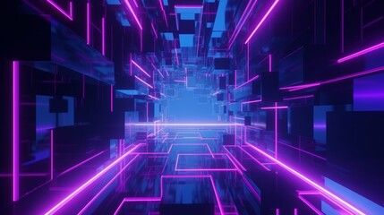 3d render, abstract geometric background with shapes and neon lines glowing in ultraviolet light, Generative AI