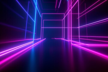 Fototapeta premium 3d render, pink blue neon lines, geometric shapes, virtual space, ultraviolet light, 80's style, retro disco, fashion laser show, abstract background, Generative AI