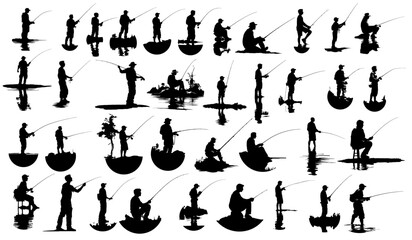 set of silhouettes of various positions and poses of men fishing - obrazy, fototapety, plakaty